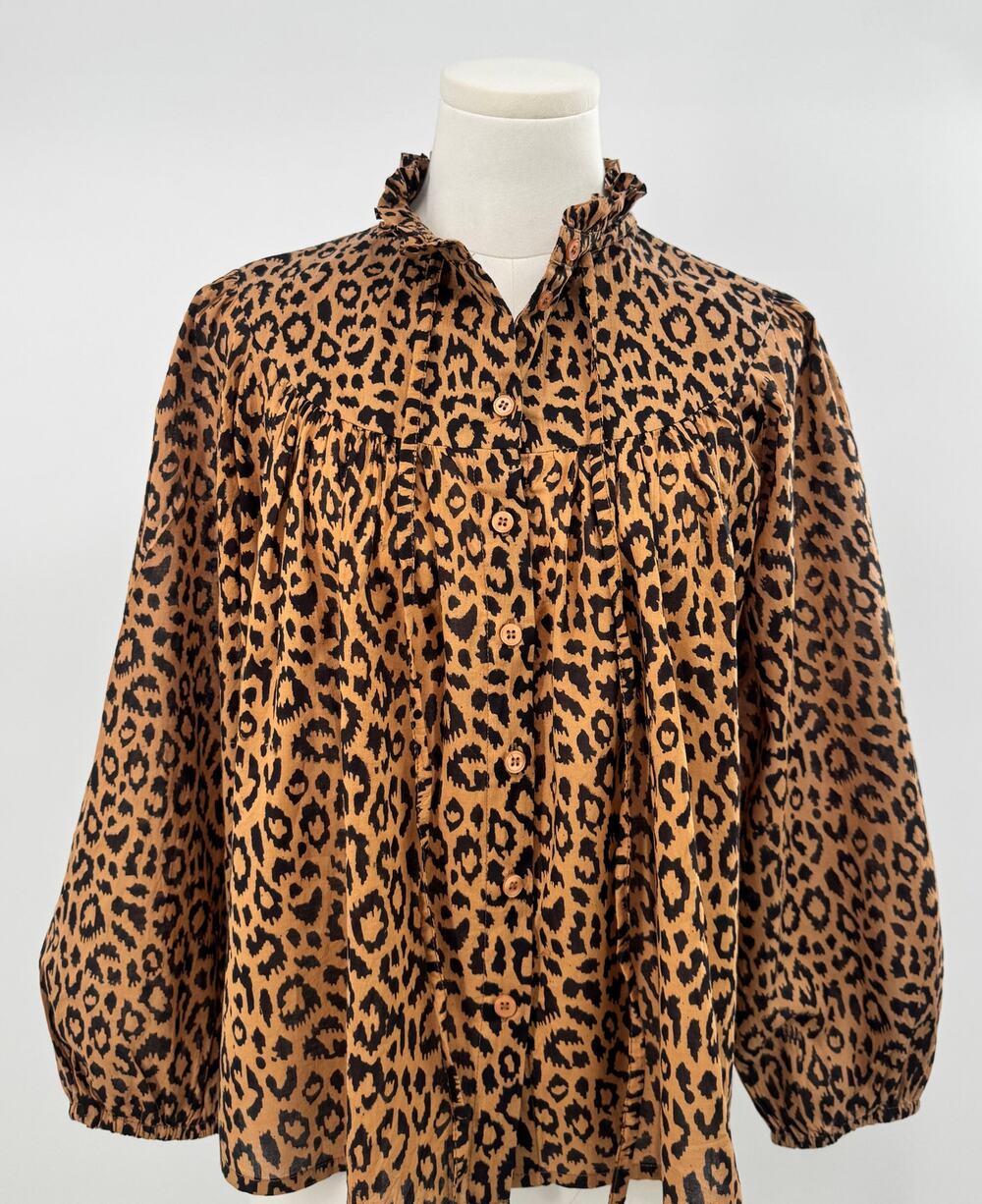 Emerson Fry India Collection Top Leopard Print Animal Print Pleated Blouse S